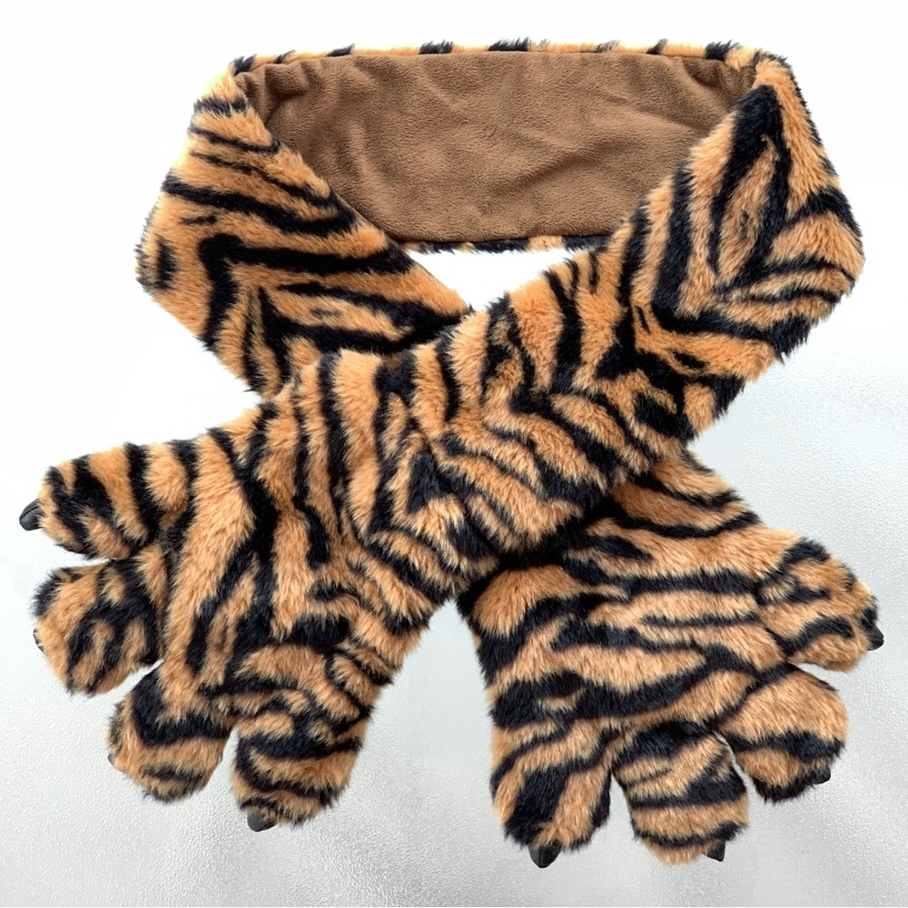 Tiger Print Scarf with Attached Plush Paws and Claws Pockets, Kids One Size